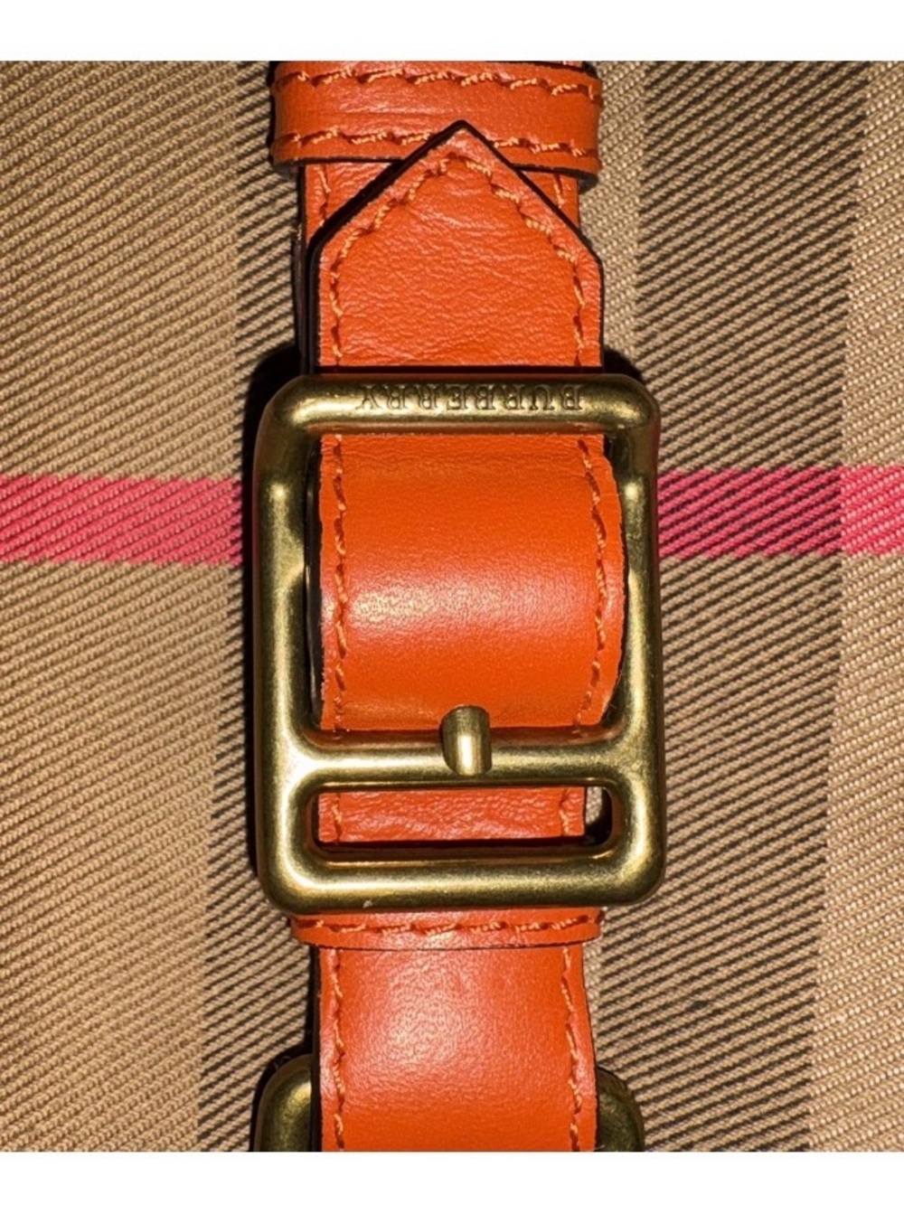 Burberry Nova Check Orange Leather Trim Canvas Tote Shoulder Bag Brass Hardware - Picture 6 of 13